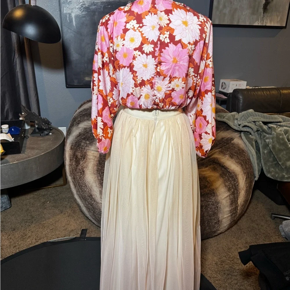 Lush Floral Tie Front Long Sleeve Crop Top Small Boho Retro - Picture 3 of 6
